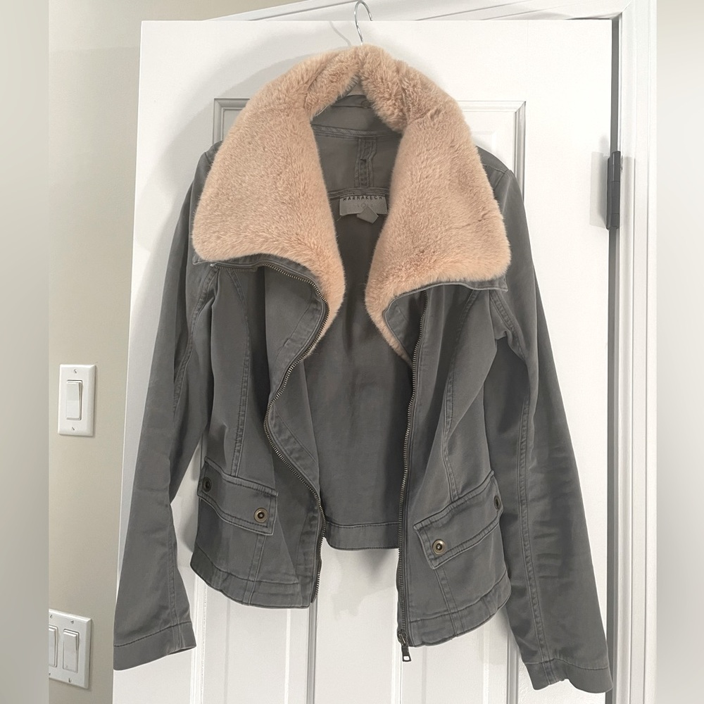Anthropologie Marrakech Faux Fur Aviator Motojacket in Gray (blueish gray) Sz XS